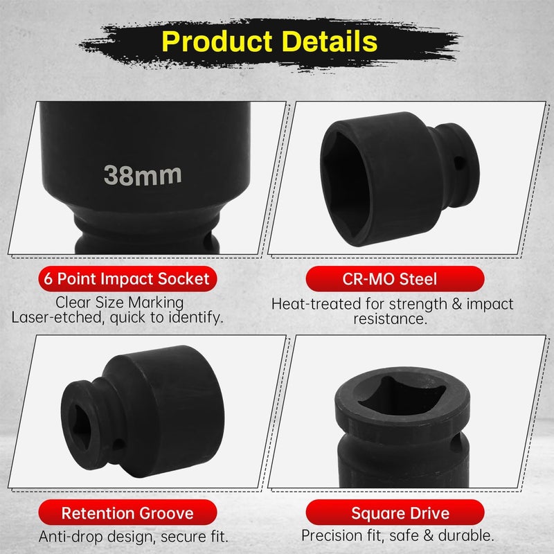 SUNKOO 1/2 Inch Drive 38mm Deep Impact Socket, CR-MO 6 Point Heavy Duty Metric Axle Nut Socket for Easy Removal of Axle and Wheel Hub Nuts - Image 3
